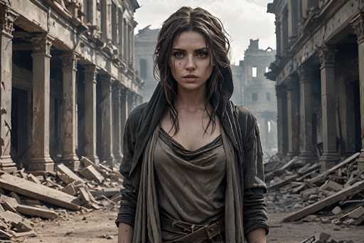 A woman stands in the center of a desolate, ruined city. She is facing directly at the viewer with a serious expression, her eyes conveying determination and resilience. Her hair is long and slightly messy, falling around her shoulders, with a few strands clinging to her face. She is wearing a simple, earthy-toned tunic and a dark hooded cloak that drapes around her. The background is filled with crumbling buildings, broken pillars, and debris, suggesting a post-apocalyptic or war-torn setting. The overall lighting is muted, with a slightly overcast sky casting a soft light on the scene. Her posture is grounded and confident, emphasizing her strength in this ruined environment. The image evokes a sense of solitude, resilience, and perhaps a hint of mystery.