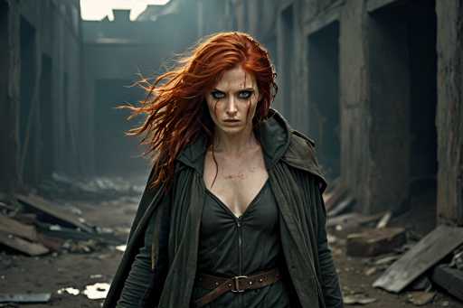 The image shows an actress with red hair and a green coat standing in the center of a dilapidated building. The actress is wearing a black dress and has blood on her face, suggesting she may have been involved in a dramatic or intense situation.