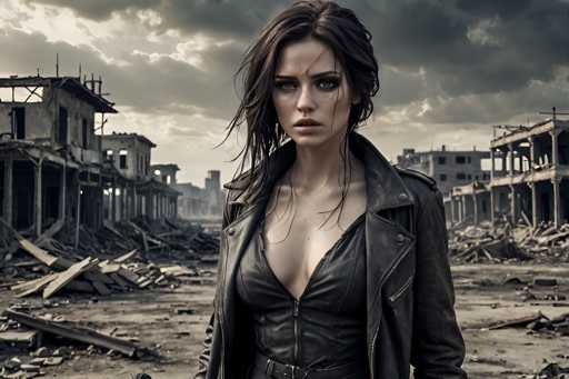 A woman with long dark hair is standing in a desolate landscape, wearing a black leather jacket and boots. The buildings around her appear to be in ruins or abandoned, suggesting an urban decay setting.