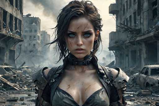 In this striking image, a young woman stands amidst the ruins of a devastated city. The backdrop is a chaotic scene of destruction, with crumbling buildings and scattered debris, including twisted metal and abandoned vehicles. The sky above is a somber gray, adding to the overall desolate atmosphere. 

The woman, who appears to be in her early 20s, has short brown hair that falls just below her ears. Her piercing blue eyes are intense and focused, gazing directly at the viewer. She is dressed in a black leather outfit, which includes a choker around her neck and a strap over her shoulder, suggesting she might be carrying a bag or weapon. Her attire is accentuated by a low-cut top, revealing a hint of cleavage. 

Her face is smeared with dirt and blood, with noticeable scratches on her right cheek and forehead, indicating she has been through a harrowing ordeal. The wind seems to be blowing, as her hair is tousled, and the debris around her is also being stirred up. The overall composition of the image conveys a sense of resilience and survival amidst chaos.
