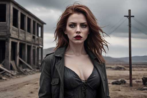 A woman with red hair and a black leather jacket stands in front of an abandoned building on a dirt road, wearing a red lipstick that matches the color of her hair.