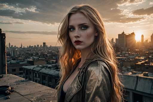 In this striking image, a woman with long blonde hair and blue eyes stands on a rooftop, gazing directly at the camera. She wears a black leather jacket over a black shirt, and her lips are painted a vivid red. Her face is adorned with dramatic makeup, including dark eyeshadow and eyeliner, and she has a noticeable scar or tear running from her left eye down her cheek. The rooftop she stands on is littered with debris, including a tire and various pieces of trash. Behind her, the cityscape stretches out, with a mix of tall buildings and shorter structures, all under a sky painted with the hues of a setting sun. The sun is positioned just above the horizon on the right side of the image, casting a warm glow over the scene. The sky is filled with clouds, adding depth to the twilight atmosphere.