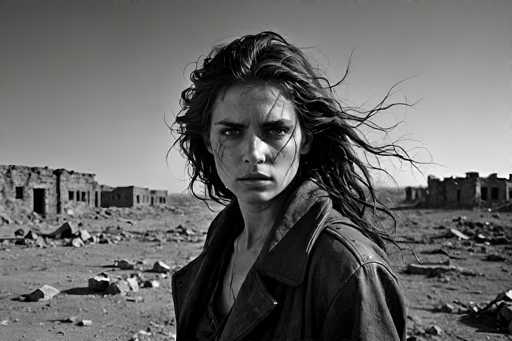 A black and white portrait of a woman with wild, windswept hair, wearing a dark jacket. She is looking directly at the viewer with a serious expression. The background shows a desolate, ruined landscape with crumbling buildings and a vast, hazy sky. The overall mood is one of isolation and resilience in a harsh environment.