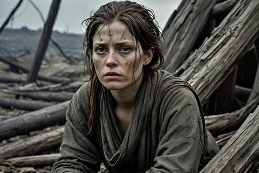 In this evocative scene from the 2016 film *Hacksaw Ridge*, actress Teresa Palmer is captured in a moment of intense emotion. She is seated amidst the remnants of what appears to be a destroyed building, surrounded by splintered and broken wood. Palmer's character is dressed in a long-sleeved, dark green shirt, which is stained with dirt and debris, reflecting the harsh conditions she has endured. Her hair is wet and disheveled, with strands falling over her face, and her makeup is smudged, adding to the sense of chaos and struggle. Her expression is one of deep sadness and despair, as she gazes off into the distance, seemingly lost in thought or contemplating a grim future. The background is blurred, drawing focus to Palmer's haunting presence and the somber atmosphere of the scene.