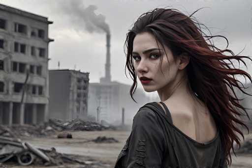 In this evocative image, a young woman stands in the foreground of a devastated cityscape. She is positioned on the right side of the frame, her body turned away from the viewer but her head looking back over her shoulder, capturing a sense of contemplation and vulnerability. Her long, dark hair, streaked with red, is tousled by the wind, adding to the scene's dynamic feel. She wears a dark gray shirt, which is tattered and held together with visible stitches on the back and sleeve, hinting at a recent struggle or conflict. Her makeup is striking, with bold red lipstick and dark eye makeup, and a noticeable scratch on her left cheek adds to her battle-worn appearance.

The background reveals a city in ruins, with several buildings reduced to rubble and debris scattered across the ground. A large, imposing structure on the left side of the image has lost many of its windows, and a towering smokestack in the distance spews thick smoke into the overcast, gray sky, further emphasizing the desolation. The overall atmosphere is one of desolation and aftermath, with the young woman's presence providing a poignant contrast to the destruction around her.