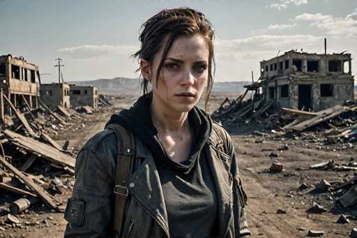 In this evocative scene from the 2015 film "Mad Max: Fury Road," actress Nicholas Hoult stands amidst the desolate remnants of a once-thriving town. The area is now a wasteland, with dilapidated buildings and collapsed structures scattered around. Debris litters the ground, and the air is heavy with a sense of abandonment and destruction. Hoult's character is dressed in a rugged, dark ensemble, featuring a black hoodie layered under a black leather jacket. A brown strap, likely from a backpack, crosses his chest, hinting at the harsh realities he endures. His hair is disheveled, and his face bears the marks of struggle, with dirt smudged across his cheeks and forehead. His piercing blue eyes convey a mix of determination and weariness as he gazes into the distance, embodying the resilience of survival in a world torn apart.