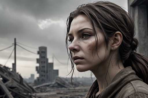 The image shows an actress standing in a desolate landscape with buildings and power lines visible in the background. The actress is wearing a brown jacket and has her hair tied up in a ponytail.
