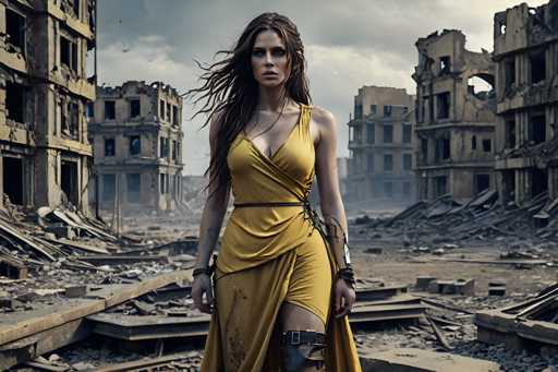 A woman with long dreadlocks is walking through a war-torn cityscape, wearing a yellow dress and black boots.