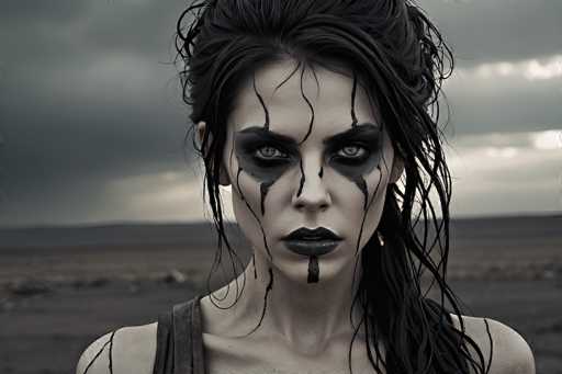 In this striking black-and-white photograph, a woman stands against a desolate, barren landscape under a dark, cloudy sky. The background is blurred, emphasizing the woman's intense presence in the foreground. She has long, dark hair, partially pulled back, with strands falling over her face and shoulders. Her makeup is dramatic and haunting: thick black eyeshadow extends from her eyes down her cheeks, with streaks of black paint trailing over her forehead, cheeks, and chin. Her lips are painted black, and a small black streak runs down her chin, adding to her somber expression. She wears a dark tank top, and her pale skin contrasts sharply with the dark elements of her appearance. Her eyes are a light color, possibly blue, though the monochrome palette makes it difficult to determine. The overall composition evokes a sense of melancholy and isolation, with the woman's haunting gaze piercing through the image.