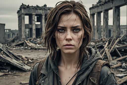 The image shows an actress standing in a war-torn area with rubble and debris surrounding her. She is wearing a hoodie and has long hair that falls over her shoulders. The background features several dilapidated buildings, indicating the destruction of the area.