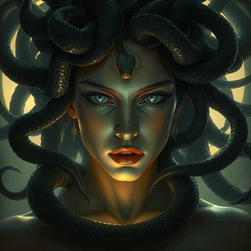 The image depicts a woman with long black hair and large green eyes wearing a headdress adorned with multiple snakes. The background is dark and blurred, creating an atmospheric setting that emphasizes the woman's presence in the center of the frame.