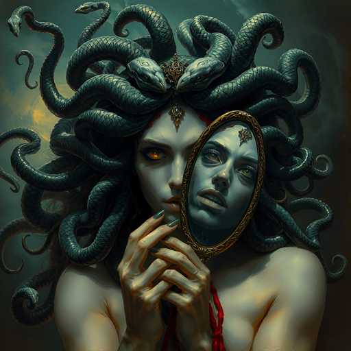 The image depicts a striking, computer-generated portrayal of Medusa, the mythological Gorgon with snake-like hair. Medusa's face is rendered with a haunting, almost ethereal quality, her skin a pale, almost ghostly white. Her left eye glows an intense orange, while her right eye is obscured by the reflection in a golden mirror she holds in her hands. The mirror, adorned with a red ribbon, captures her reflection, showing the same haunting orange eye and a mouth slightly open, revealing her teeth. Her lips are painted a vivid red, and her fingernails are painted green, adding to the surreal aesthetic.

Medusa's hair is a chaotic tangle of serpents, each snake coiled and intertwined in various directions, creating a mesmerizing and terrifying effect. At the center of her head, two snakes are positioned to face each other, flanked by a third snake that curls around them. A crown-like ornament sits atop her head, featuring a central jewel flanked by two smaller jewels, adding a regal touch to her fearsome appearance.

The background is a swirling mix of dark gray and green hues, with a hint of yellow light on the left side, enhancing the overall eerie atmosphere of the image. The intricate details and vibrant colors make this a captivating and detailed depiction of Medusa, blending mythological elements with a modern, digital art style.