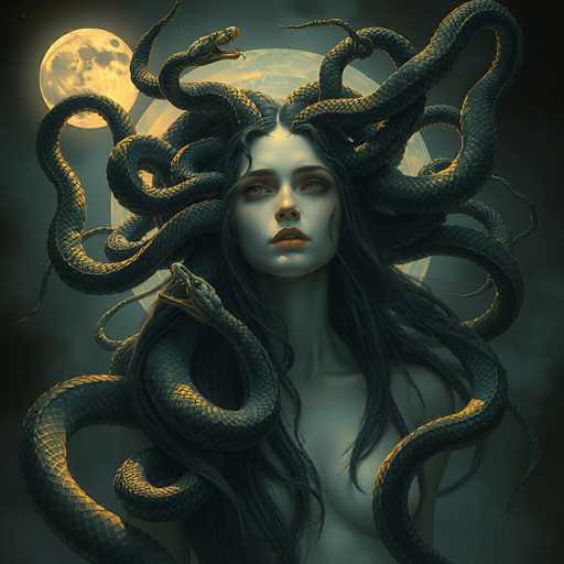 This digital artwork depicts Medusa, a mythological Gorgon with snake-like hair, in a highly detailed and realistic style. Medusa's pale, almost white skin contrasts sharply with her long, flowing black hair, which is intricately intertwined with numerous snakes. Some of these serpents have their mouths open, revealing sharp fangs, while others are closed, adding to the tension in the scene. Her striking green eyes and red lips stand out against her ghostly complexion. Medusa's head is slightly tilted to the left, and she gazes directly at the viewer, creating an intense and captivating focal point. The background features a dark, cloudy night sky with two moons: a full moon on the left and a half moon on the right, both glowing with a yellowish hue. The overall composition is rich in detail, with the snakes' scales and Medusa's facial features rendered with remarkable precision.