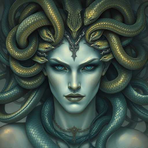 The image depicts a striking, computer-generated portrayal of Medusa, the mythological Gorgon with snakes for hair. Her face is rendered in a light blue hue, with piercing blue eyes and a long, pointed nose. Her lips are painted a dark brown, adding to her fierce expression. Medusa's snakes, which vary in color from green to gold, are intricately detailed with scales and some even feature eyes. These serpents twist and curl around her head and shoulders, with one particularly large snake positioned on her forehead. She wears a choker necklace adorned with a blue stone, and her bare shoulders are visible. The overall composition is square, focusing entirely on Medusa's intense gaze and the mesmerizing complexity of her serpentine hair.