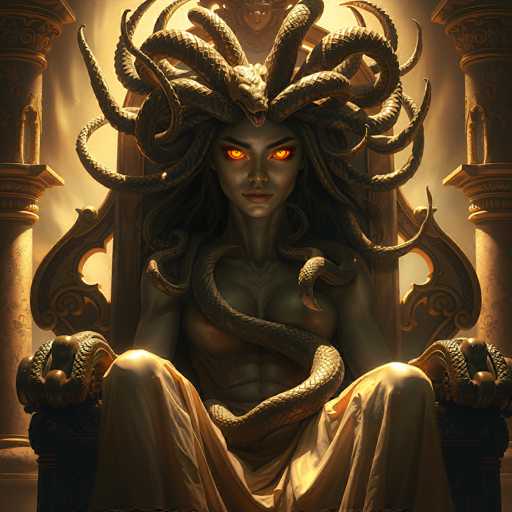The image depicts Medusa, the mythological Gorgon, seated on a grand, ornate throne. She is adorned in a flowing white gown that drapes elegantly over her lap. Medusa's striking appearance is accentuated by her glowing orange eyes, which pierce through the darkness enveloping her face. Her hair is a chaotic tangle of serpents, with one prominent snake coiled around her neck and another slithering down her chest. The throne she sits upon is intricately designed, featuring a golden snake motif that mirrors the serpents in her hair. Flanking the throne are two tall, imposing columns, adding to the regal and ominous atmosphere of the scene. The overall composition is shrouded in darkness, with only Medusa's face and the snake-adorned throne illuminated, creating a haunting and captivating visual.
