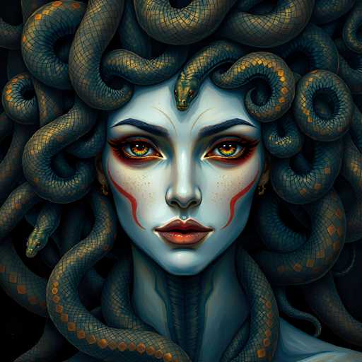 This digital illustration depicts Medusa, the mythological Gorgon, with striking detail. Her skin is a pale blue, and her eyes are a mesmerizing blend of orange and yellow. She has bold red lips and a distinctive red squiggly line running from her nose down to her chin, complemented by orange freckles on her cheeks. Her eyebrows are black, and her forehead features a unique pattern resembling a V-shape with two lines extending from the top of her nose to her hairline. Medusa's hair is composed of numerous green and yellow snakes, each with orange scales, some of which have their mouths open, adding to the eerie atmosphere. She wears gold earrings, and her neck is adorned with blue and yellow lines. The background is a stark black, which accentuates the vivid colors and intricate details of Medusa's face and serpentine hair.