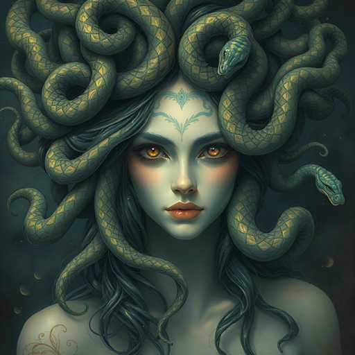 The image depicts a woman with long, dark hair and a large headdress made of green snakes wrapped around her head. The woman's face is partially obscured by the snakes' heads, creating an intriguing and mysterious appearance.