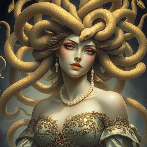 This image is a detailed digital illustration of Medusa, a mythical Gorgon from Greek mythology. The artwork features a woman with long, flowing brown hair that transforms into numerous yellow snakes, each adorned with a diamond pattern. The Medusa figure has striking green eyes, red lips, and is wearing a pearl necklace and matching pearl earrings. Her attire is a light green dress with intricate gold embroidery and off-the-shoulder sleeves, complemented by a red gem at the center of her chest. The background is a dark, starry night sky, adding to the mystical and eerie atmosphere of the image. The overall style is highly detailed and realistic, showcasing Medusa in a dramatic and captivating manner.