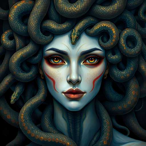 The image depicts a woman with blue hair and red accents on her face, wearing a blue dress that is adorned with gold accents. She has a snake-like appearance due to the numerous snakes wrapped around her body. The background of the image is dark, which contrasts with the woman's vibrant colors and adds depth to the scene.
