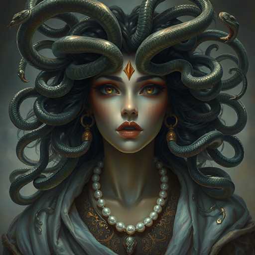 This image depicts a highly detailed, computer-generated portrait of Medusa, the mythological Gorgon with snake hair. Medusa's face is strikingly beautiful, featuring a pale complexion, bright red lips, and captivating golden eyes. Her dark hair is intricately woven with numerous snakes, some of which have their mouths open, revealing their fangs. A prominent gold diamond adorns her forehead, and she wears large, gold hoop earrings along with a string of pearls around her neck. Her attire includes a black dress with gold accents, complemented by a light blue shawl draped over her shoulders. The background is a muted gray, which enhances the vivid details of Medusa's features and the serpents in her hair. The overall composition is reminiscent of a fantasy or video game character, blending elements of beauty and danger.