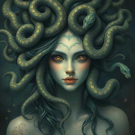 This digital artwork depicts a striking woman with a mesmerizing blend of mythological and fantastical elements. She has pale skin and captivating orange eyes that seem to glow with an inner light. Her hair is a mesmerizing mix of long, flowing black strands and serpentine forms that resemble snakes, intricately woven around her head. These snake-like strands are green with yellow scales, adding to her mythical aura. 

Her forehead is adorned with an elaborate blue tattoo that extends from her eyebrows down to her hairline, featuring a central diamond shape flanked by leafy designs. The woman's lips are painted a soft pink, and she has a serene expression as she gazes directly at the viewer. 

The background is a dark, almost black expanse dotted with small yellow specks that resemble stars, creating a night sky effect. In the bottom left corner, there's a faint, orange tattoo that looks like a butterfly or flower, adding another layer of mystique to her appearance. The overall composition is both haunting and beautiful, blending elements of fantasy and ancient mythology.
