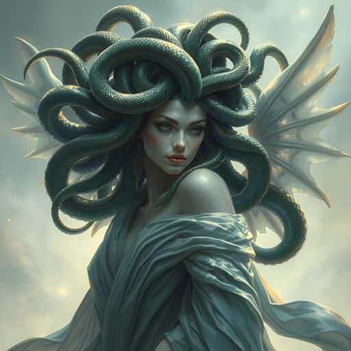 The image depicts a woman with long, green snakes wrapped around her head and neck. She is wearing a white dress that contrasts with the dark green color of the snakes. The background features a cloudy sky, adding to the overall atmosphere of the scene.