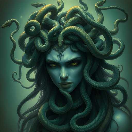 The image depicts Medusa, a mythical Gorgon from Greek mythology, known for her ability to turn onlookers to stone. She has striking blue skin and piercing yellow eyes. Her hair is composed of numerous green and yellow snakes, which are coiled around her head and neck. A distinctive snake-like ornament adorns her forehead, adding to her fearsome appearance. Medusa's expression is one of anger, with her eyebrows furrowed and her mouth set in a grimace. She is gazing directly at the viewer, creating a sense of tension and unease. The background is a gradient of green, transitioning from a lighter shade behind her to a darker hue at the edges, enhancing the eerie atmosphere of the image.