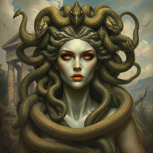 The image depicts Medusa, a mythical Gorgon from Greek mythology, with striking detail. Medusa's skin is an extremely pale white, almost ghostly, and her eyes are a vivid orange with black pupils. Her lips are a dark orange, adding to her menacing appearance. She has no hair of her own; instead, her head is adorned with numerous snakes, including a prominent cobra at the front. These serpents are a greenish-yellow color, with some displaying yellow eyes and others orange. Medusa's snakes are intricately woven into her hair, with some wrapping around her neck and shoulders.

In the background, there is a grand structure resembling a Greek temple, characterized by its tall pillars and triangular roof. The sky is a mix of blue and gray, with clouds scattered across it. To the right, a mountain range is visible, with a tree growing out of one of the peaks. The overall scene is set in a natural landscape, with the mythical Medusa as the central focus, her gaze fixed directly at the viewer.