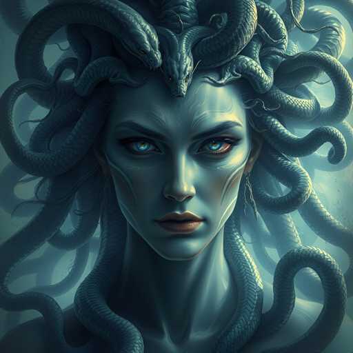 The image depicts a woman with blue eyes and long, dark hair adorned with multiple snakes wrapped around her head. The snakes appear to be coiled up behind the woman's head, creating an eerie and captivating scene.
