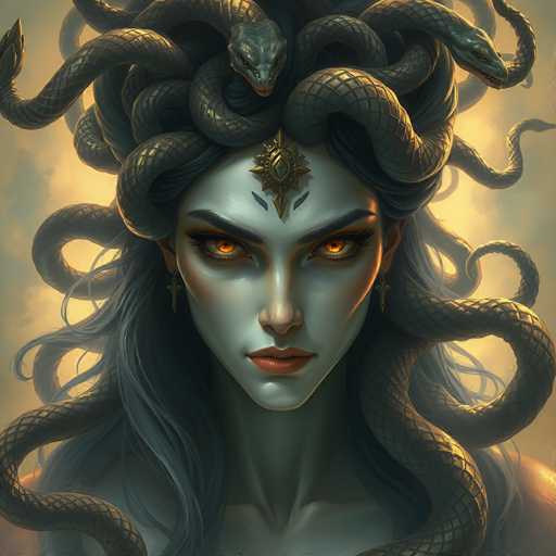 This image depicts Medusa, the mythological Gorgon from Greek mythology, known for her ability to turn onlookers to stone. Medusa's distinctive appearance is characterized by her snake-like hair, which is actually composed of multiple serpents. These snakes are arranged in a circular pattern around her head, with their tails curling back towards her face. At the center of this serpentine mass, one snake's head is prominently displayed, facing forward.

Medusa's skin is a pale, almost bluish-green hue, giving her an eerie, otherworldly appearance. Her eyes are a striking orange color, and she has a small nose and full lips. Adorning her forehead is a gold star-like ornament, adding to her regal yet sinister look. She wears gold earrings, further enhancing her majestic yet menacing appearance.

The background of the image is a blend of gray and yellow tones, creating a dramatic contrast with Medusa's pale complexion. The overall composition captures the mythological essence of Medusa, blending beauty and terror in a captivating manner.
