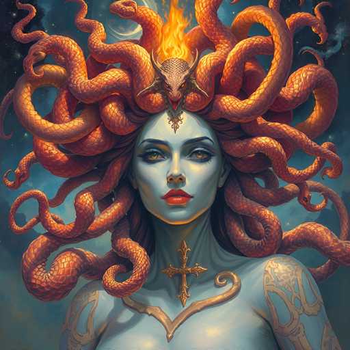 A digital painting of Medusa, the Gorgon, in a highly detailed and fantastical style. She is depicted with a serpentine head covered in vibrant orange snakes, each scale intricately rendered and textured. Her eyes are piercing and golden, with a subtle glow emanating from within. She wears a golden crown adorned with a fiery serpent and a cross-shaped pendant, and her skin has a pale, almost ethereal quality. Her lips are painted a deep red, contrasting with the warm tones of her snakes and crown. The background is a dark, starry night sky, adding to the mystical atmosphere of the artwork. Her body is partially visible, revealing intricate golden tattoos that snake across her shoulders and arms. The overall style is reminiscent of a Renaissance-inspired illustration, with a focus on dramatic lighting and detailed textures.