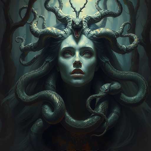 The image depicts a haunting scene set in a dark, foggy forest with tall, gnarled trees. At the center is Medusa, her face painted in shades of gray and blue, with piercing green eyes and a slightly open mouth revealing her teeth. Her skin appears ashen and pale, with blue veins or cracks running down her forehead and cheeks. Emerging from her head are numerous greenish-gray snakes, some of which twist and curl around her neck and shoulders, while others extend upwards, blending into the misty background. At the top of her head, a large snake with a gaping mouth and visible fangs seems to be roaring, adding to the eerie atmosphere. The overall mood is dark and unsettling, with the dense fog and twisted trees enhancing the sense of dread.