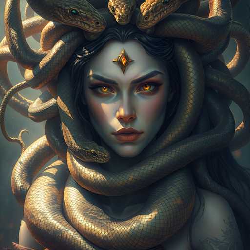 This image is a detailed, computer-generated illustration of Medusa, the mythological Gorgon. Medusa's face is the focal point, with her piercing golden eyes and a diamond-shaped orange gem adorning her forehead. Her long, dark hair is entwined with numerous golden serpents, which wrap around her neck and extend into the background. The serpents' heads are prominently featured, with three facing forward and one looking to the side. Medusa's expression is serious, with her lips slightly parted, revealing a hint of red. She has a tattoo on her left shoulder, adding to the intricate details of the artwork. The background is a muted gray, which contrasts with the vibrant colors of her skin and the golden hue of the snakes. The overall composition is square, with Medusa's face centered and her serpentine hair radiating outward, creating a striking and captivating image.