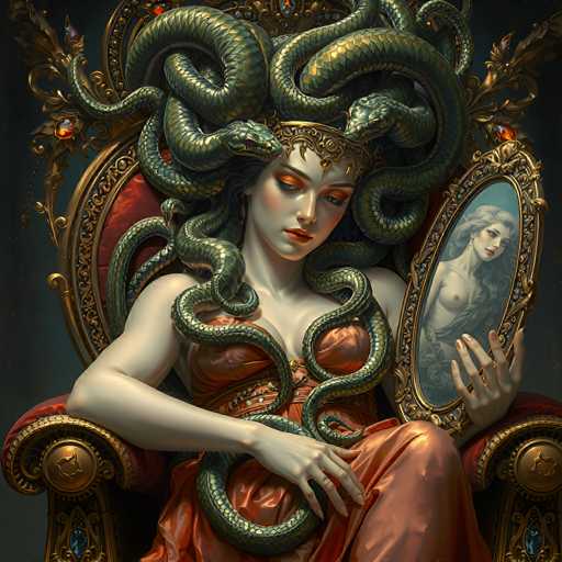 The image depicts a highly detailed, computer-generated illustration of Medusa, the mythological Gorgon. She is seated on an ornate, gold throne with red velvet upholstery, her body facing forward while her head is turned to the right. Medusa's skin is pale, and she wears a striking red dress with a matching belt. Her hair is composed of numerous green and gold snakes, with two prominent snakes flanking her head and others coiling around her neck and arms. Her eyes are accentuated with orange eyeshadow, and she has red lipstick. In her left hand, she holds an oval-shaped, gold-framed mirror that reflects a naked woman with long blonde hair. The background of the image is dark, highlighting the intricate details of Medusa and her throne.