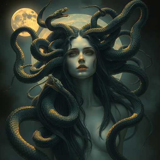 The image depicts a woman with long dark hair and a large headdress made of multiple snakes. The snake headdress is black and has gold accents, giving it an ethereal appearance. The woman's face is partially obscured by the snakes, adding to the mysterious nature of the scene.