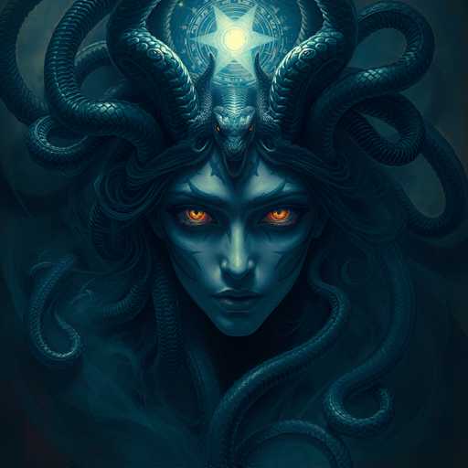 This image depicts a striking, computer-generated portrayal of Medusa, the mythological Gorgon with snakes for hair. The central figure is a woman with a distinctly blue face, her features accentuated by intricate blue markings that resemble tattoos or war paint. Her piercing orange eyes, with black pupils, are fixed directly at the viewer, creating an intense and captivating gaze. The snakes, varying in shades of blue and green, emerge from her head in a chaotic yet mesmerizing manner, some curling around her face and others extending outward. At the top of her head, a prominent blue and white star glows, adding a mystical element to her appearance. The background is a dark, smoky gray, enhancing the eerie and otherworldly atmosphere of the image. The overall composition is both haunting and beautiful, capturing the essence of Medusa in a modern, digital art style.