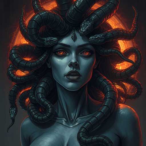 This digital illustration depicts Medusa, the mythological Gorgon, with striking detail. Her skin is a pale, almost bluish-gray, and her eyes are a vivid orange, exuding an intense gaze. Her lips are slightly parted, revealing her teeth. Medusa's hair is a chaotic tangle of black snakes, some of which have dragon-like heads with open mouths, adding to the menacing aura. The snakes' serpentine bodies twist and curl around her head and shoulders, with one snake's head positioned near her right ear and another near her left eye. She is adorned with a diamond-shaped ornament on her forehead, and a metallic collar encircles her neck. The background features a glowing orange sun, casting an eerie light that enhances the sinister atmosphere of the image.