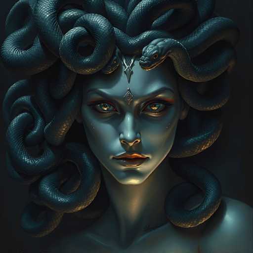 This image is a detailed, computer-generated illustration of Medusa, the mythological Gorgon. The artwork features Medusa's distinctive head, with her eyes wide open and a fierce, angry expression. Her skin is a bluish-gray color, and her lips are painted a striking red. The most prominent feature is her hair, which is composed of numerous black snakes, some of which are coiled around her head while others extend outward. A particularly large snake is positioned at the front of her forehead, near her left eye. Medusa's face is adorned with two diamond-shaped ornaments: one on her forehead and another between her eyebrows. The background is a dark gray, almost black, which accentuates the vivid details of Medusa's face and serpentine hair. The image captures her from the shoulders up, emphasizing her intense gaze and the intricate design of her snake hair.