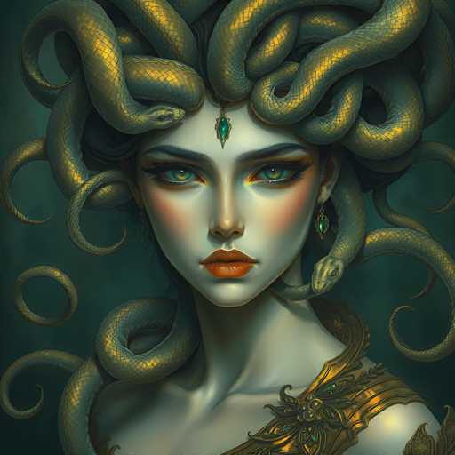This image depicts a striking, computer-generated portrayal of Medusa, the mythological Gorgon with snake hair. The artwork features Medusa with a very pale complexion, accentuated by bright red lips and vivid blue eyes. Her snakes, which are a mix of gold and green hues, are intricately woven into her hair, with one snake notably coiled around her neck. Medusa's head is adorned with a gold and green gemstone necklace, and she wears a matching green earring. She is dressed in a gold top that leaves her shoulders bare, and the background is a dark green, enhancing the dramatic and otherworldly aura of the image. The overall composition is highly detailed and realistic, showcasing Medusa's intense gaze and the mesmerizing quality of her serpentine hair.