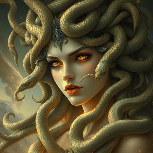 This image is a detailed, computer-generated illustration of Medusa, the mythological Gorgon with snake hair. The artwork captures Medusa from the shoulders up, showcasing her pale, almost white skin and striking yellow eyes. Her lips are painted a vivid red, and she wears a silver headpiece adorned with small jewels. The snakes in her hair are light green, with some of their fangs and tails visible, adding to the menacing appearance. The background features a dark, cloudy sky with hints of mountains and stars, enhancing the eerie and mystical atmosphere of the scene.