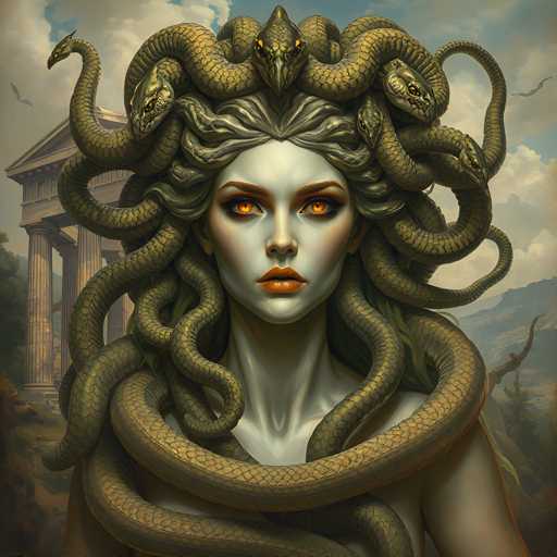 The image depicts a woman with long, flowing hair and a large headdress made of snakes. The woman is wearing a white dress that contrasts with the greenish-brown color of her hair. She has striking red eyes and a bright smile on her face. In the background, there are trees and buildings, suggesting an outdoor setting or a natural environment.