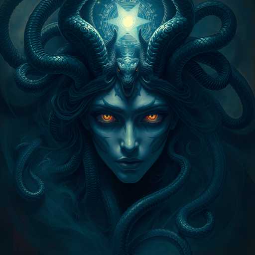 The image depicts a woman with long, dark hair and red eyes, wearing a headdress adorned with snakes. The background is dark blue, creating an atmosphere of mystery and intrigue.