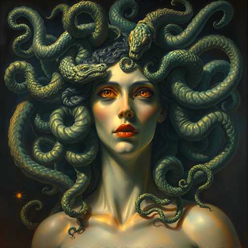 This image is a detailed painting of Medusa, the mythological Gorgon with snakes for hair. The artwork captures her from the shoulders up, showcasing her pale, almost white skin with a slight yellowish tint. Medusa's eyes are a striking orange, and her lips are painted a vivid red. Her snakes, which are green with yellow stripes, are intricately woven into her hair, with some of them appearing to have faces. The background is a dark, almost black shade, with a small orange star in the bottom left corner. The overall composition emphasizes Medusa's haunting beauty and the intricate detail of her serpentine hair.