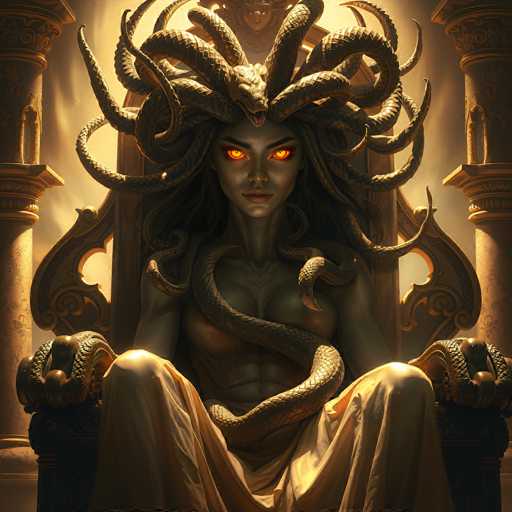 A powerful, golden-skinned Medusa sits on a throne adorned with a massive, writhing serpent head. Her eyes glow an intense orange, and her long hair is interwoven with countless snakes that coil around her head. The throne itself is intricately detailed, made of golden metal and adorned with ornate carvings. She wears a flowing, light-colored garment that drapes around her body, partially concealing her muscular physique. The background is a warm, golden light, suggesting a divine or mythical setting. Her expression is intense and captivating, with her gaze directed towards the viewer. The overall style is highly detailed and fantastical, reminiscent of a digital painting with a strong emphasis on texture and light.