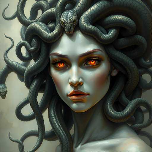 This image depicts a striking, computer-generated portrayal of Medusa, the mythological Gorgon. Her skin is an ashen, pale gray, contrasting sharply with her fiery, glowing orange eyes. Medusa's lips are painted a vivid red, adding to her menacing allure. Her hair is an intricate mass of dark gray, almost black, snakes, each with its own pair of piercing yellow eyes. The serpents twist and curl around her head, some even extending beyond the frame. Her eyebrows are a deep brown, and her eyelashes are long and black, enhancing her intense gaze. The background is a muted gray, which further accentuates the vivid details of Medusa's face and serpentine hair. The overall effect is both captivating and unsettling, capturing the essence of this mythical creature.