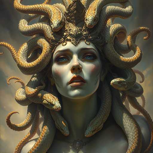 This image is a detailed, computer-generated illustration of Medusa, the mythological Gorgon. The artwork features Medusa with a strikingly pale complexion, accentuated by heavy makeup, including dark red lipstick and bluish-green eyes. Her face is framed by an elaborate, golden crown that extends down to her forehead, adorned with intricate designs and a prominent front piece. Surrounding her head are numerous golden and gray snakes, each with open mouths, coiled in various directions. The background is a blend of gray and brown hues, adding depth to the composition. Medusa's expression is one of subtle concern, with her gaze directed slightly to the left. The overall style of the image is reminiscent of a fantasy video game, with a focus on the intricate details of Medusa's serpentine hair and regal headpiece.