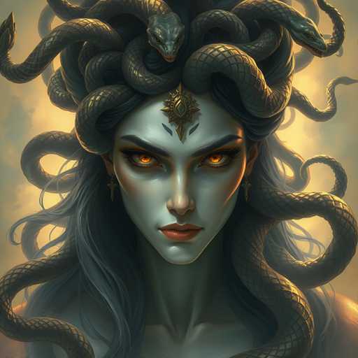 The image depicts a woman with long, dark hair wearing a headdress adorned with snakes and a golden crown. The woman's face is prominently featured, and her eyes are wide open, giving the impression of a surprised or startled expression.