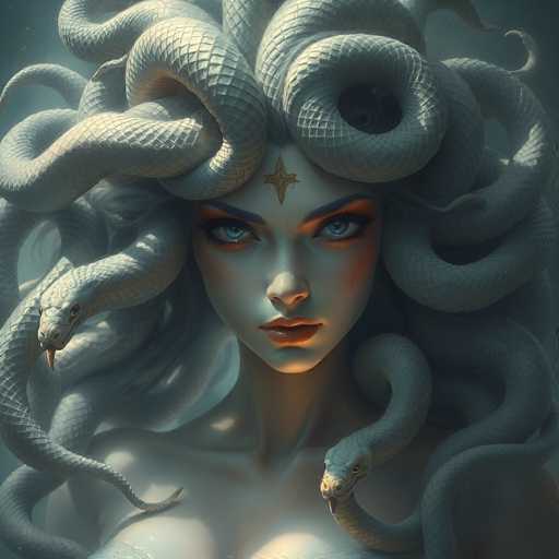 This image portrays a strikingly beautiful woman with an ethereal, almost otherworldly appearance. Her skin is exceptionally pale, accentuated by a subtle blush that highlights her cheekbones. Her eyes are a mesmerizing shade of blue, framed by dark, defined eyebrows and long, dramatic eyelashes. Her lips are painted a soft pink, adding a touch of warmth to her otherwise pale complexion.

Adorning her forehead is a gold star, reminiscent of the celestial symbols often associated with goddesses. Her hair is an extraordinary sight, composed of numerous snakes that twist and curl around her head, creating a halo-like effect. The snakes' scales shimmer with a silvery hue, catching the light in a way that enhances the mystical aura surrounding her.

The woman's gaze is intense and direct, as she stares straight ahead, engaging the viewer with her enigmatic expression. The overall composition of the image, with its blend of classical beauty and fantastical elements, evokes a sense of myth and legend, suggesting she might be a representation of a goddess or a mythical creature.