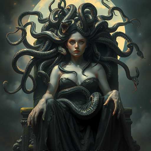 The image depicts a striking and detailed painting of Medusa, the mythological Gorgon. She is seated on a grand, throne-like chair with a gold rim and a black cushion, her pale, almost white skin contrasting sharply with the dark, cloudy background. Medusa's hair is a chaotic tangle of numerous black snakes, some with their mouths open, tongues protruding menacingly. Her eyes are a piercing brown, and her lips are painted a vivid red, adding to her fierce expression. She wears a black dress that reveals her shoulders and chest, with a snake coiled around her waist. Her long, manicured fingers rest on her knees, adorned with rings on her pinky and ring fingers. Behind her, a large, glowing moon casts an eerie light, enhancing the otherworldly atmosphere of the scene. The overall composition is dark and foreboding, with the intricate details of Medusa's serpentine hair and the ominous background creating a powerful and captivating image.
