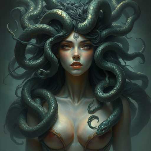 A digital painting of Medusa, the Gorgon from Greek mythology. She is depicted with a serpentine head covered in writhing snakes, her eyes are closed, and she has a pale complexion. Her hair is long and dark, intertwined with the snakes, and her expression is serene yet powerful. She wears a simple, golden-colored garment that reveals her bare chest. The background is dark and ethereal, with a soft, muted color palette of blues and grays. The overall style is detailed and realistic, with a focus on texture and light.